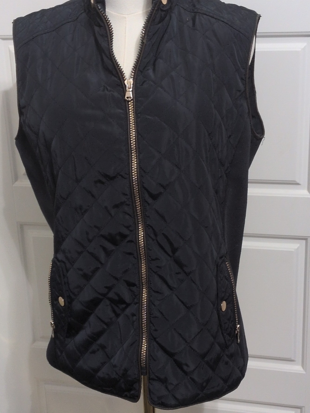 Navy Quilted Zip-Up Vest with Gold Hardware